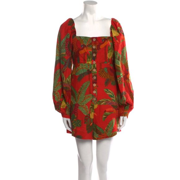 Farm Rio Red Forest Birds Long Sleeve Linen Romper Size XS - Picture 5 of 8